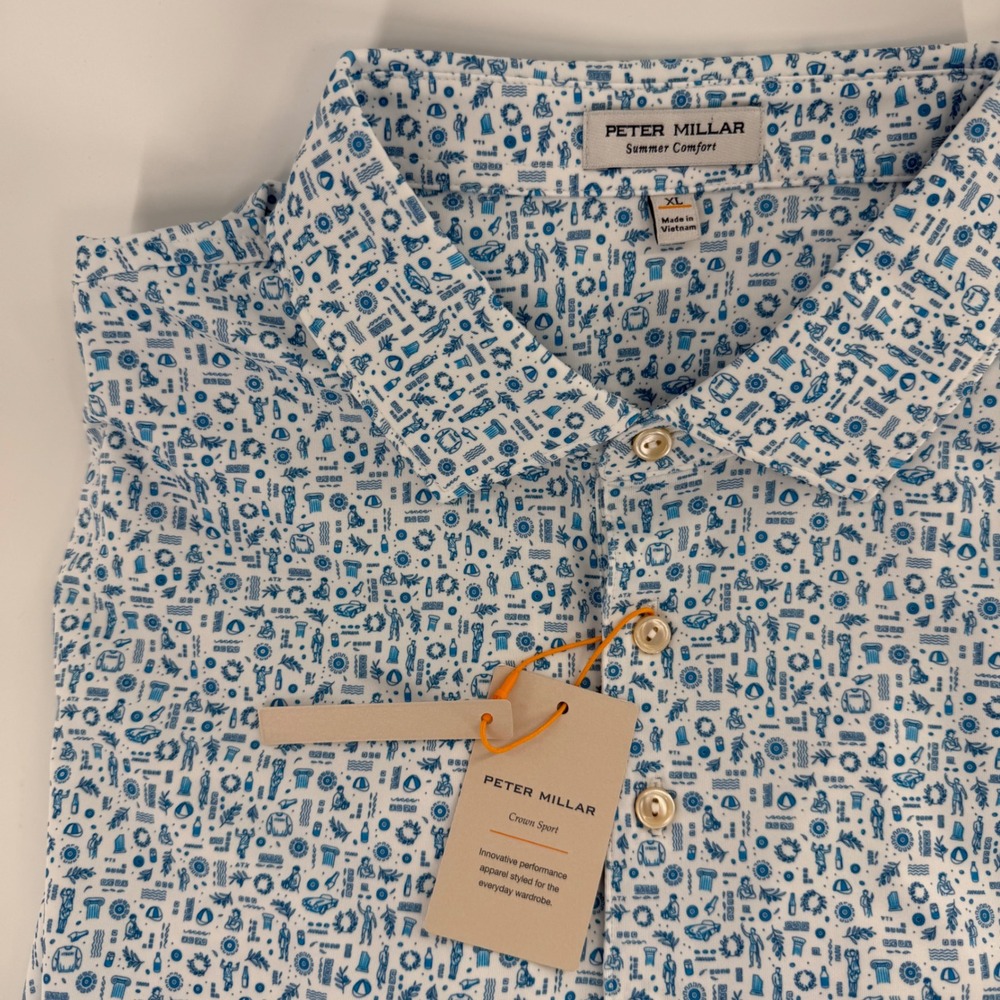 Peter Millar Summer Comfort Crown Sport Polo Mens XL Blue White Print MS20EK31S - Picture 2 of 10